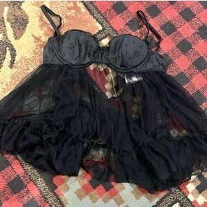 VTG Victoria’s Secret Sexy Little Things Black Satin Mesh Babydoll Lingerie 34B